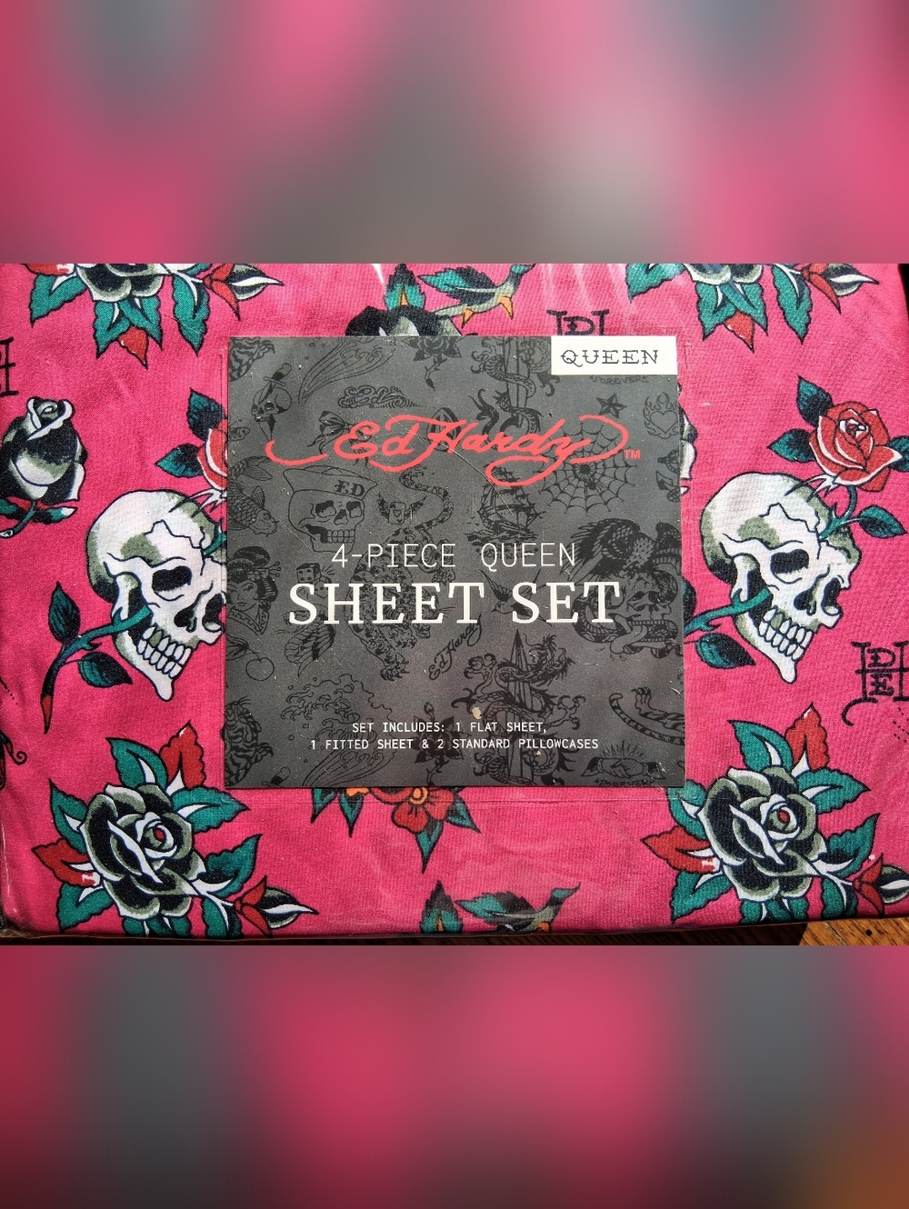Ed Hardy Pink Queen Sheet Set Skull & Rose Print